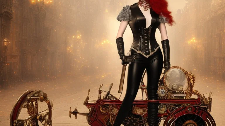 body portrait of a woman with straight shoulder-length red hair, with metal arms and legs, dressed in leather trousers, and a waistcoat, in a Victorian street next to a steampunk carriage, full colour