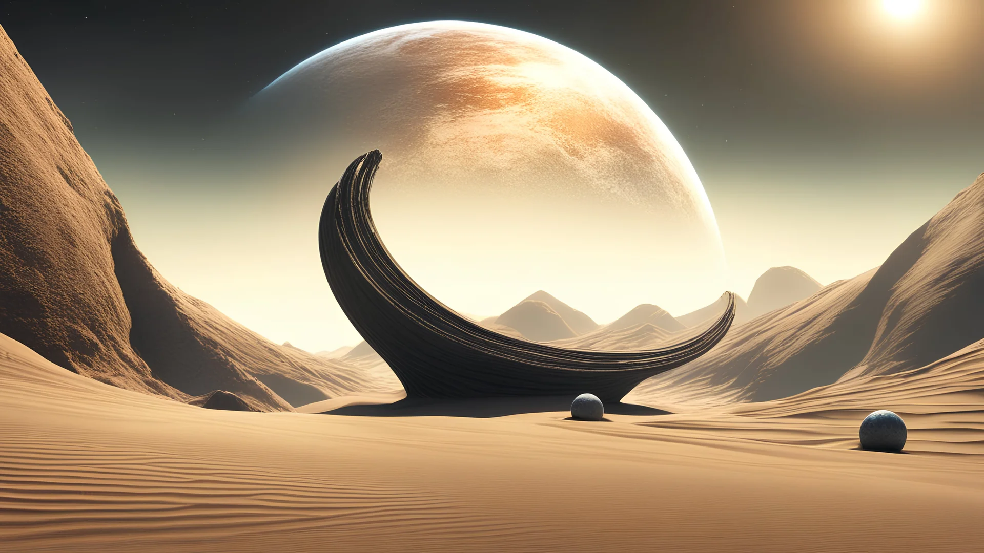 4k, hyper-realistic, Ultra-HD, Ray-tracing, Alien planet, mountainous, Has asteroid belt, milky way, stars, dark, black hole, Sand Worm rising from dunes, creatures