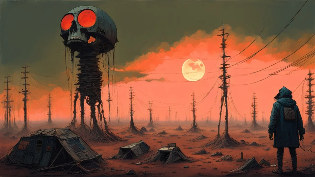 Eclipsed Dread: Macabre Enigmas, a Strange surreal world, techno gothic, post apocalyptic art, neo cyberpunk renaissance, Science fiction painting, Denis Sarazhin Simon Stålenhag, Nicolas Bruno, sinister vibes, harsh survivalism, Peter Sallesen, Hamish Frater, ominous sky