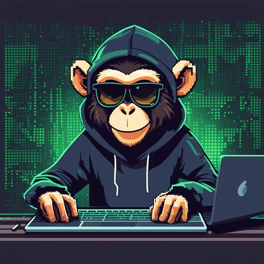 A grinning Monkey sitting in front of a laptop, hacking systems, wearing a hoodie and sunglasses. Matrix in background. Pixel Art. Profile Picture. Avatar. Pixel
