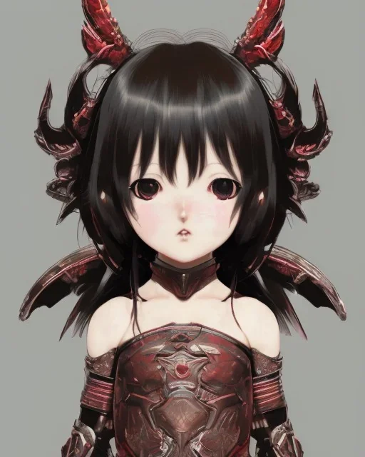 Detailed anime child girl, dark brown hair, black and red dragon scale armour, intricate details, full body portrait, keep head in frame, slight smile, black Japanese motif, concept art, highly detailed, digital painting, concept art, sharp focus, illustration, art by Yoji Shinkawa, WLOP and greg rutkowski and alphonse mucha and artgerm and yanjun Chen and Junji ito and Makoto Shinkai, HDR, octane render