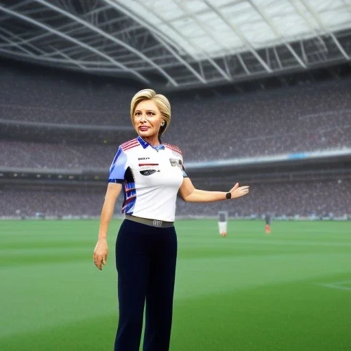 Hillary Clinton in a referee jersey officiating for a soccer match at Wembley Stadium