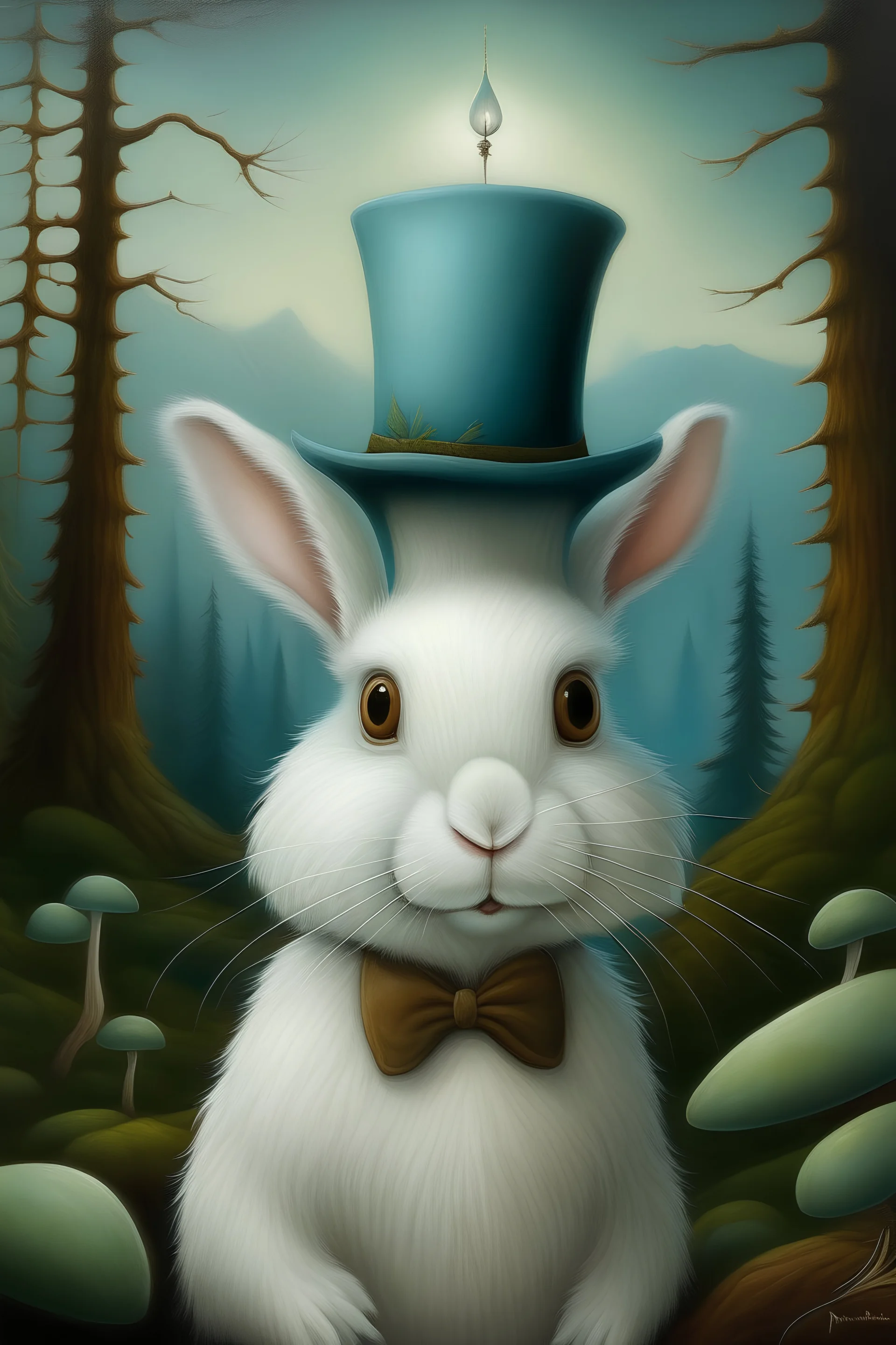 photorealistic Cute fantasy white snowshoe hare wearing a top hat; big pine trees all around; in the style of Steve McCurry