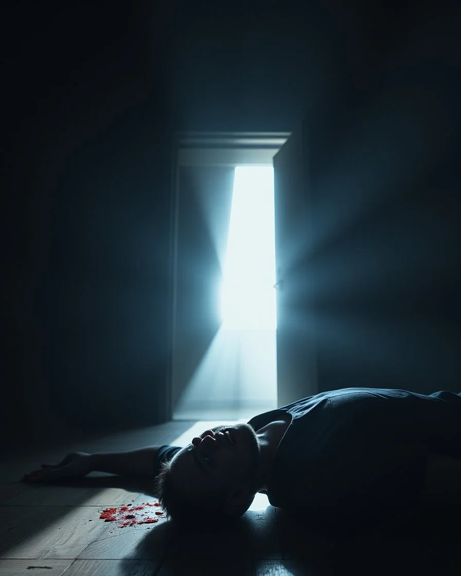 In a dark room, light streams in through an open door symbolizing new possibilities, hope, and overcoming problems.a man is laying down dead with his face is bloody