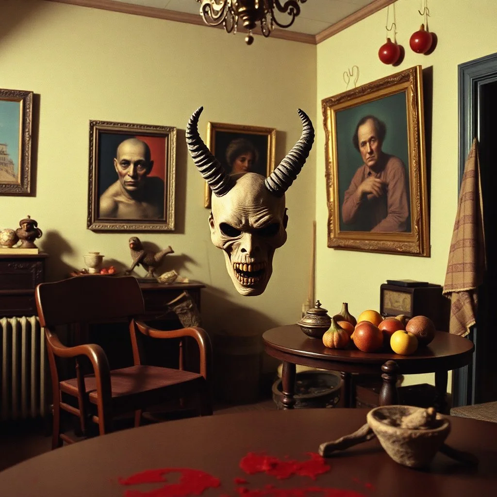 Flash photo of a room, 1980 horror movieshot, with chair, table, odd objects in background, ugly and scary mask, odd paintings hanging in the walls, rotten fruits, pair of glasses, horns, skin
