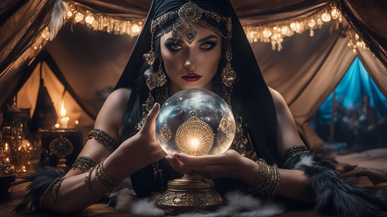 Hyper Realistic photographic-view of Wicked-&-Beautiful-Fortune-teller wearing black-beed-necklace-&-bracelet angrily Looking at her crystal-ball glowing magically & sitting in her tent decorated with fancy-traditional-ornaments-&-feathers showing dramatic & cinematic ambiance"