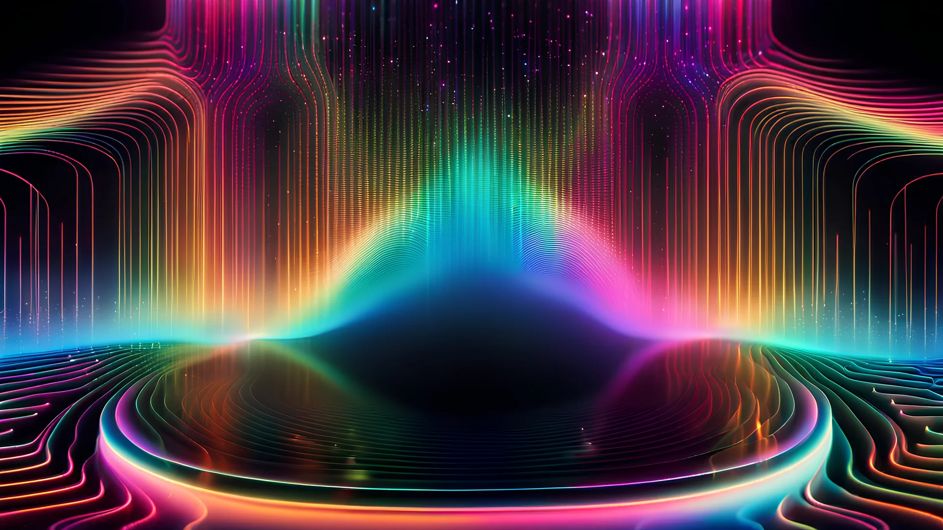 (Premium AI Image)+ Liquid Smoke Particles, With intricate circuit lines and floating glitter, Vivid Abstract digital illustration in motion, where particles collide into colorful rainbow streams of light representing holographic cyberpunk data, 8k, (high detailed 10.5), uhd, dslr, soft vibrant lighting, sharp camera focus, (high quality 10.5), Fujifilm XT3