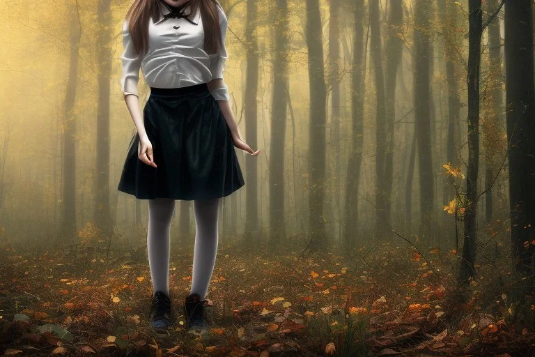 full-height shot of a young witch in a tight black skirt, in a wood, with mist