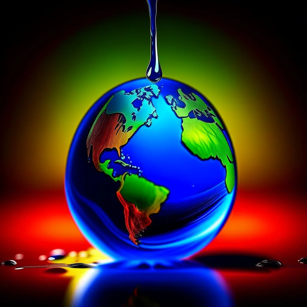 Earth inside a water drop, vibrant colours, volumetric light