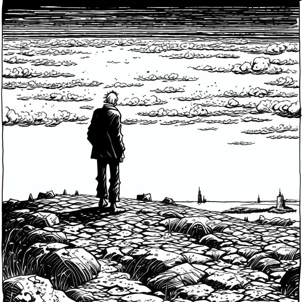 a alone man. pen and ink, birds eye view, illustrated by hergé, Background space and earth