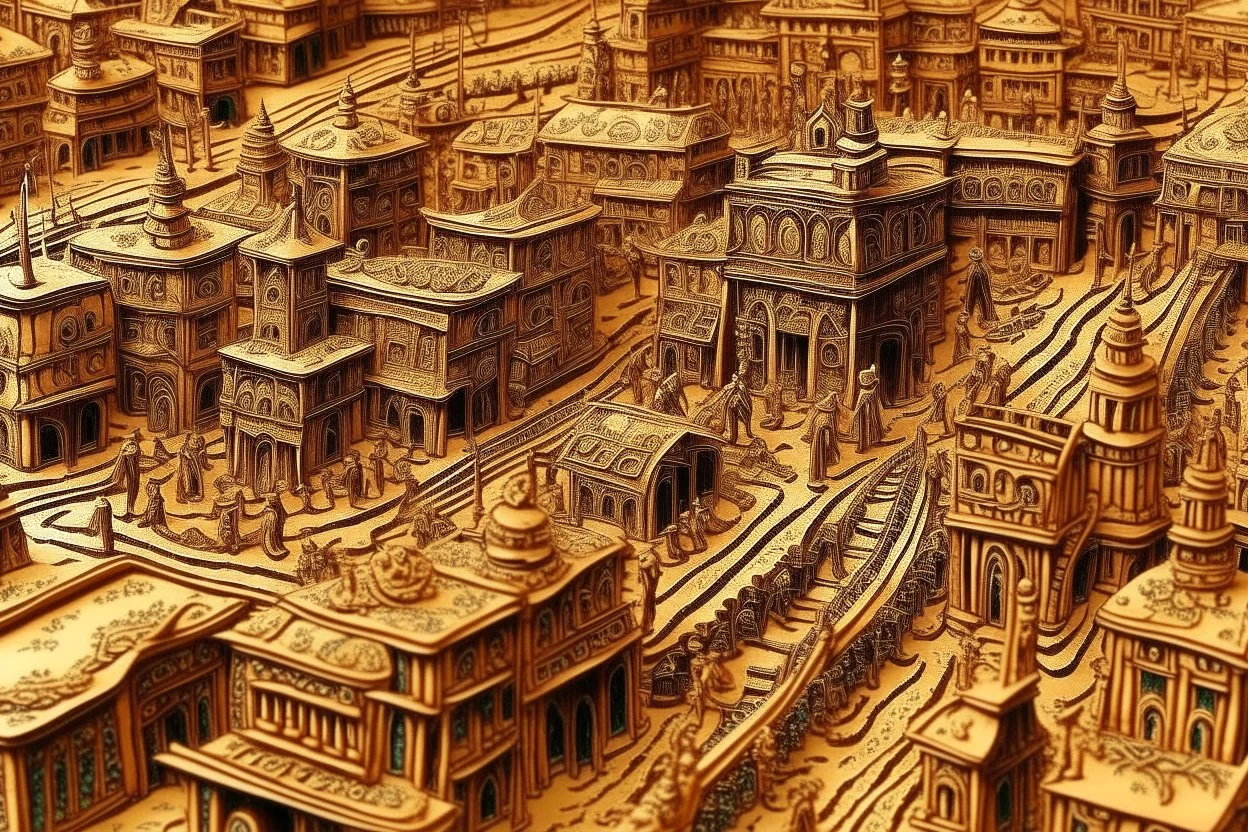 A tan Western town designed in Mehndi design painted by Jackson Pollock