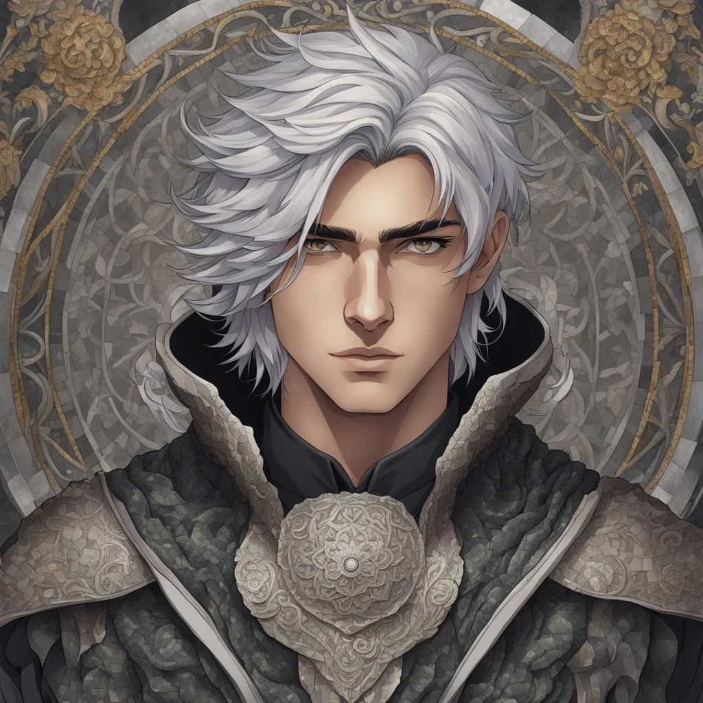 A stunningly detailed (((headshot portrait))), capturing the essence of a young man in his 20s with silver hair and piercing gray eyes, exuding a sense of confidence and protection, anime realism style, intricate mosaic backdrop