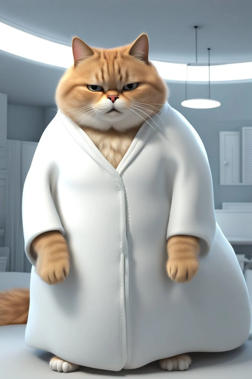 A fat cat spoiled cat in an expensive white thick night gown, looking rich,yawny,3d animation ,funny