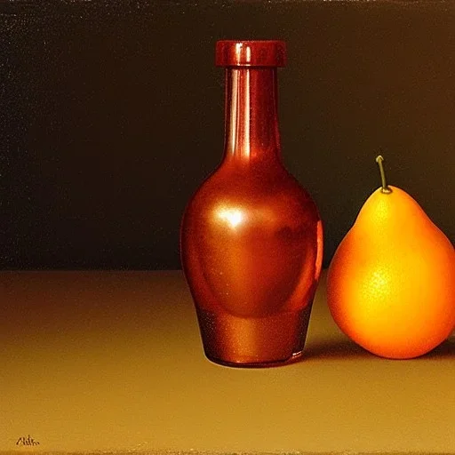 still life bottle half fruit