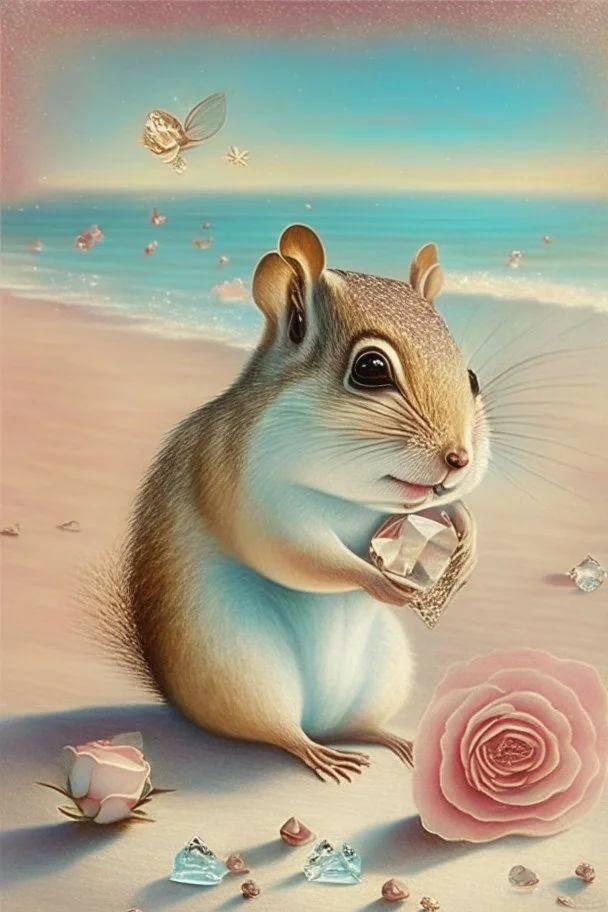 adorable chipmunk holds a diamond, roses on the beach, soft rounded edges, gentle, serene, magical, pastel colours, dynamic lighting, a masterpiece, surreal, Catrin Welz Stein style in sunshine