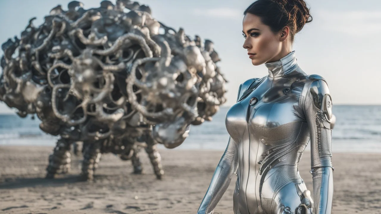 Wide-angle shot of a woman, standing to one side, with dark hair in a silver robotic catsuit, standing on a beach, flying mushrooms with octopus tentacles floating above her