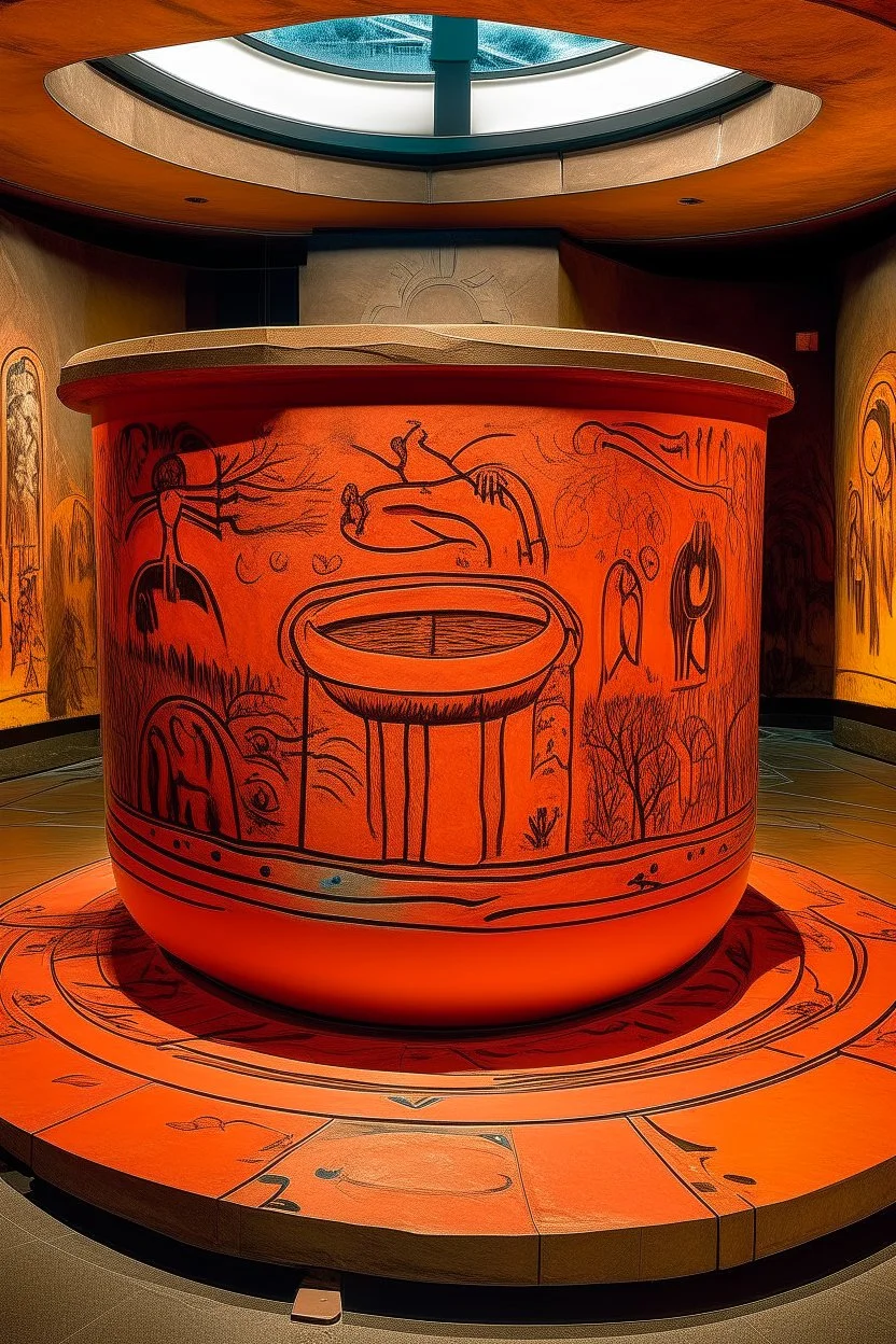 A salmon orange colored electrical alloy reactor sanctum designed in native American petroglyphs painted by Pieter Bruegel the Elder