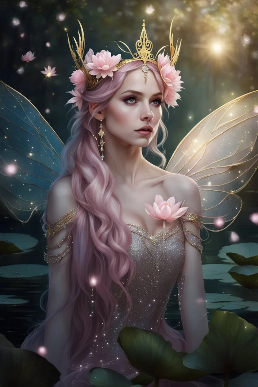 Pink dress,Sparkling fairy wings,Very long golden hair,Fairy crown,pointed ears,elven ears,fairy wings,water lilies,sparkling,glittering,flowers,blossoms,golden crown,light pink dress