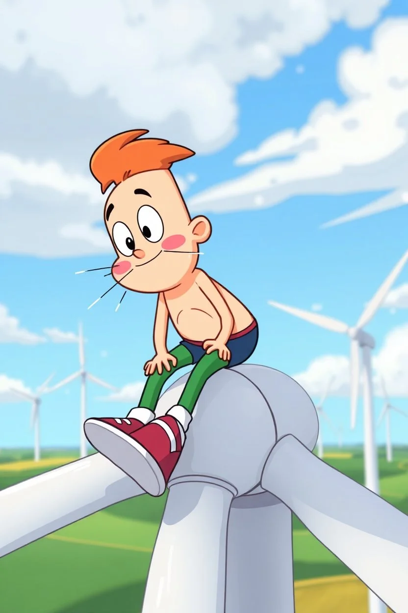 Cartoon style, Patrick (from the cartoon) sitting on the blade of a wind turbine, with speed and wind hitting him in the face, wind farm in the background