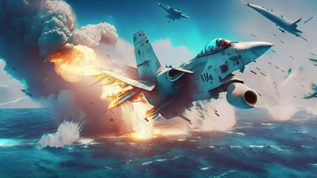 fighter jet shoots at passenger plane and it explodes while flying over the ocean