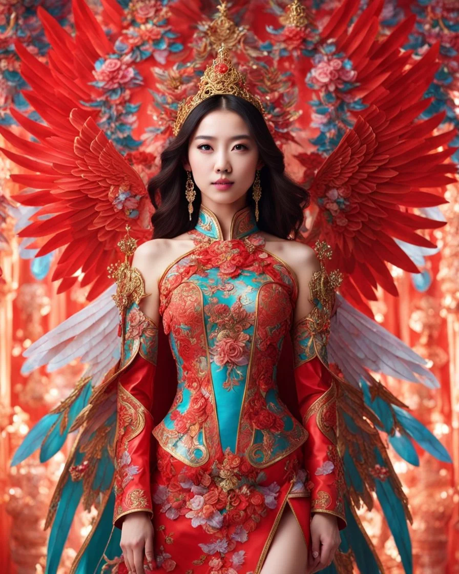 Gorgeous photography full body Beautiful super model Chinese dressing Lady Angel colorful art conceptual, amazing artwork, hyper detailed, ultra maximalist quality, 12k , close-up portrait,crystal ornaments vbackground