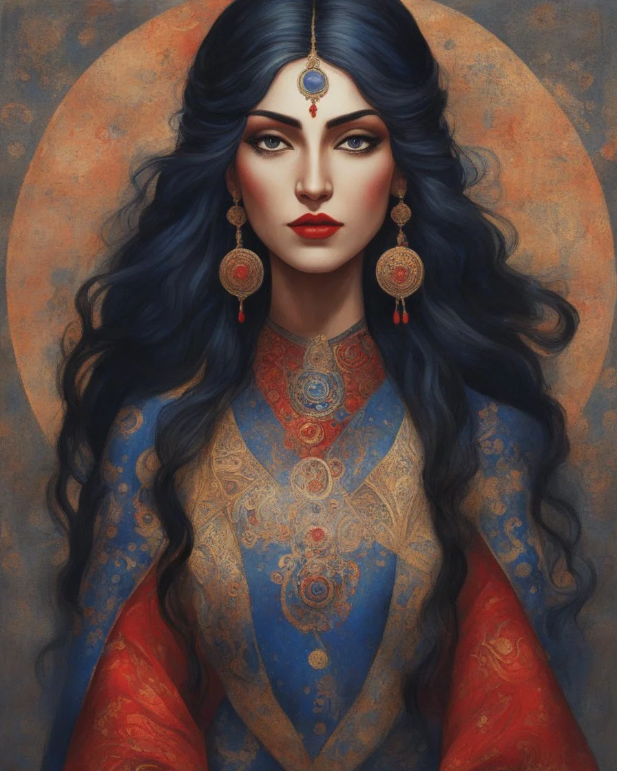 painting in a highly stylized, cinematic art style depicts a beautiful woman with long, flowing dark hair and dark eyes, adorned with a red bindi on her forehead and red lipstick. She is wearing an elaborate robe composed of dark blue, blue, gray, and gold fabric with a pattern of gold circles and abstract shapes, including some red and orange elements. The woman is positioned with her right shoulder partially exposed, revealing a glimpse of her dark skin. Her dark hair cascades dramatically aro