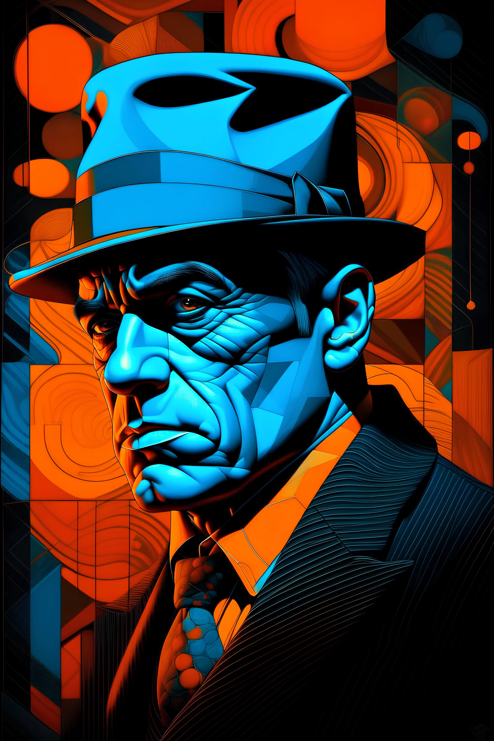 The gangster man who sold the world (surrealism, absurdism, cubism,)(black blue and orange colors)