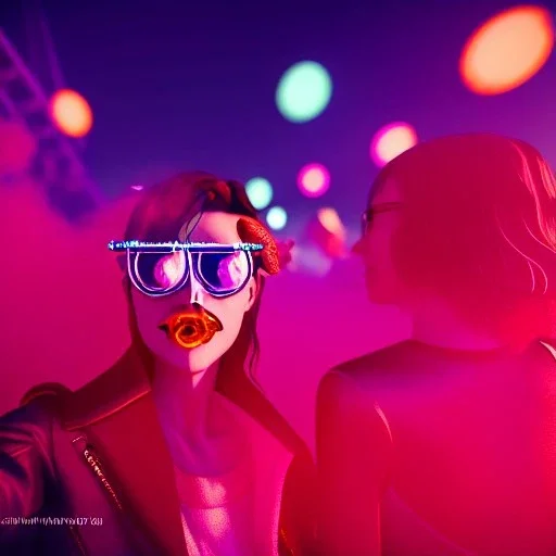 Ultra Realistic selfie, drunken sexy women, carnival night scene, freak steampunk. Sunglasses, smoking, happy, festival, red fog. highly detailed, concept art, unreal engine 5, ray tracing, RTX, lumen lighting, ultra detail, volumetric lighting, 3d, finely drawn, high definition, high resolution.