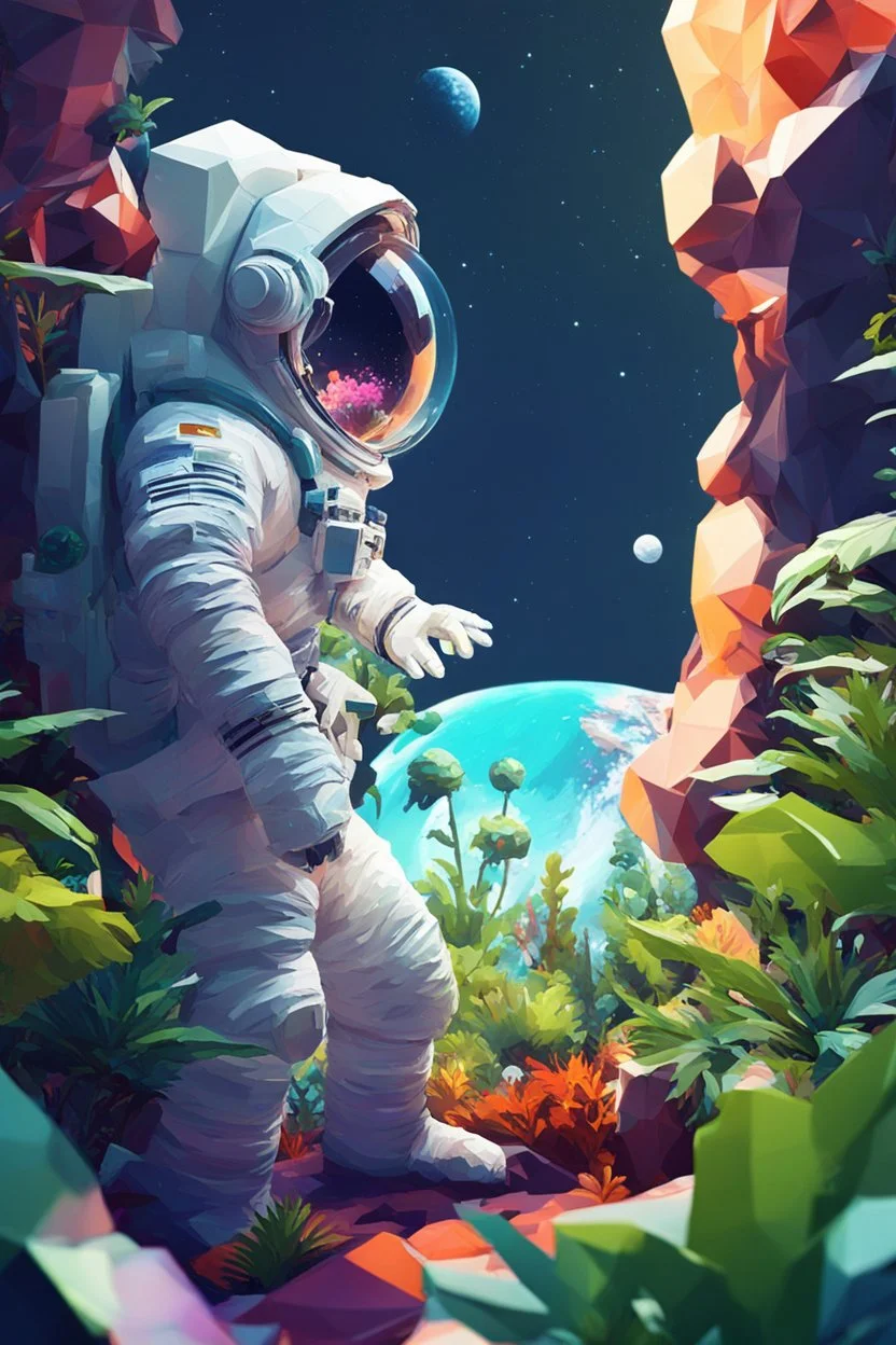 (((close midshot))), (((low poly art:2))), (astronaut), ultra detailed illustration of an environment on a dangerous:1.2 exotic planet with plants and wild (animals:1.5), (vast open world), astroneer inspired, highest quality, no lines, no outlines candid photography. by Lekrot