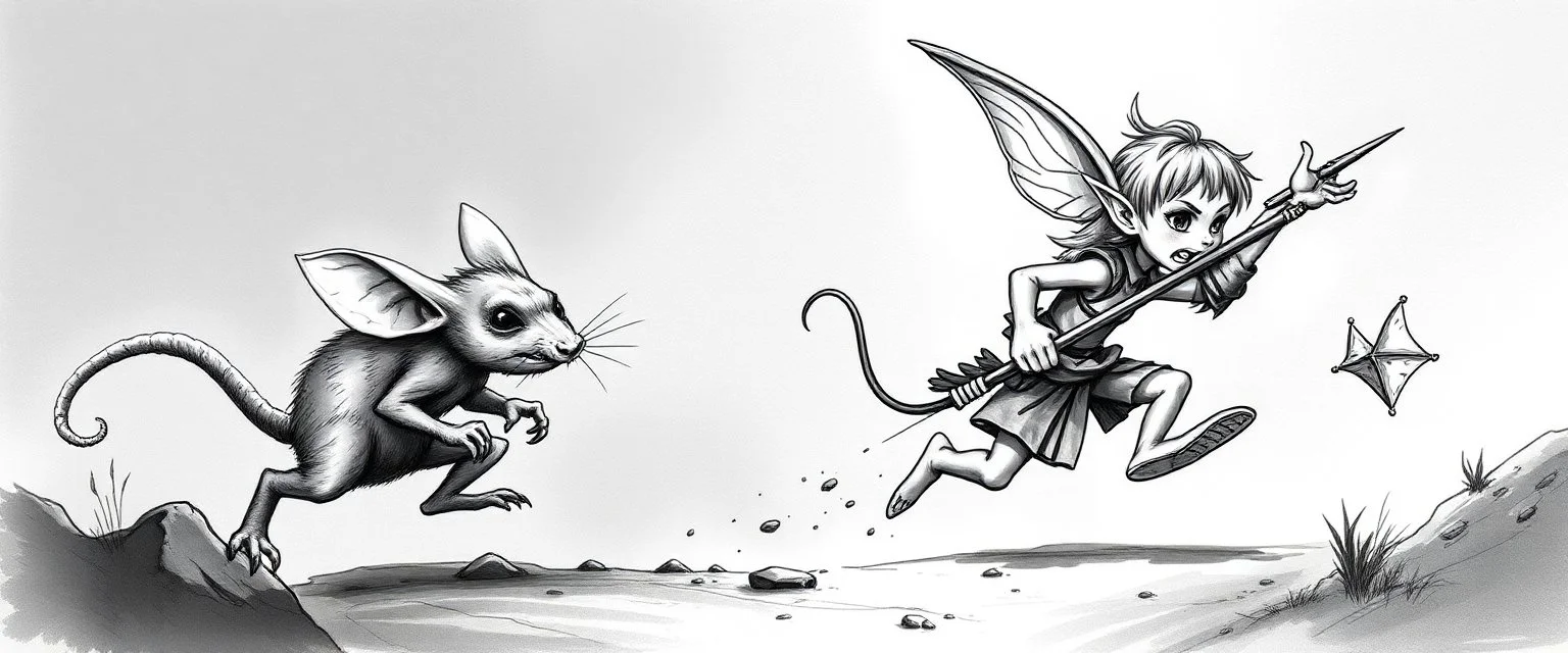 rat gremlin elf halfling pixie runner, airbrush and pen outline, high contrast