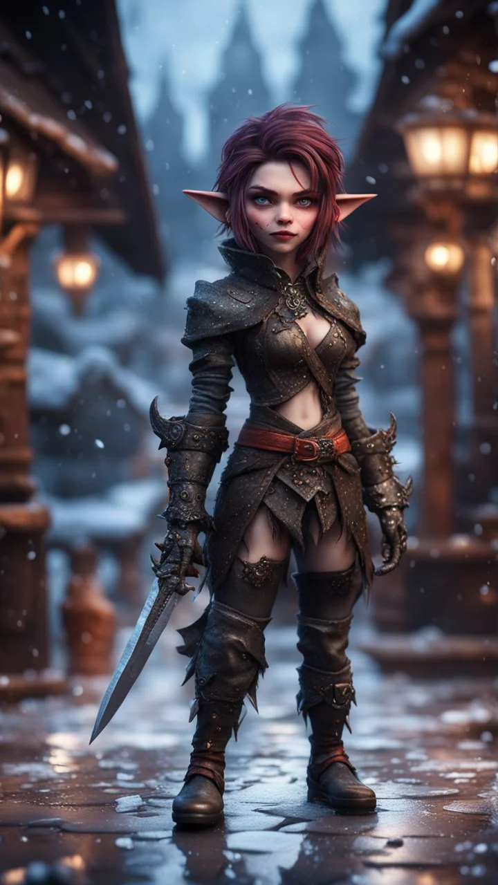 full figure with metallic stone gauntlets holding dark jagged dagger, standing on frozen wet tiled floor outside fantasy tavern, focused female brownie vampire gnome from worms armageddon wearing makeup, bokeh like f/0.8, tilt-shift lens 8k, high detail, smooth render, down-light, unreal engine, prize winning