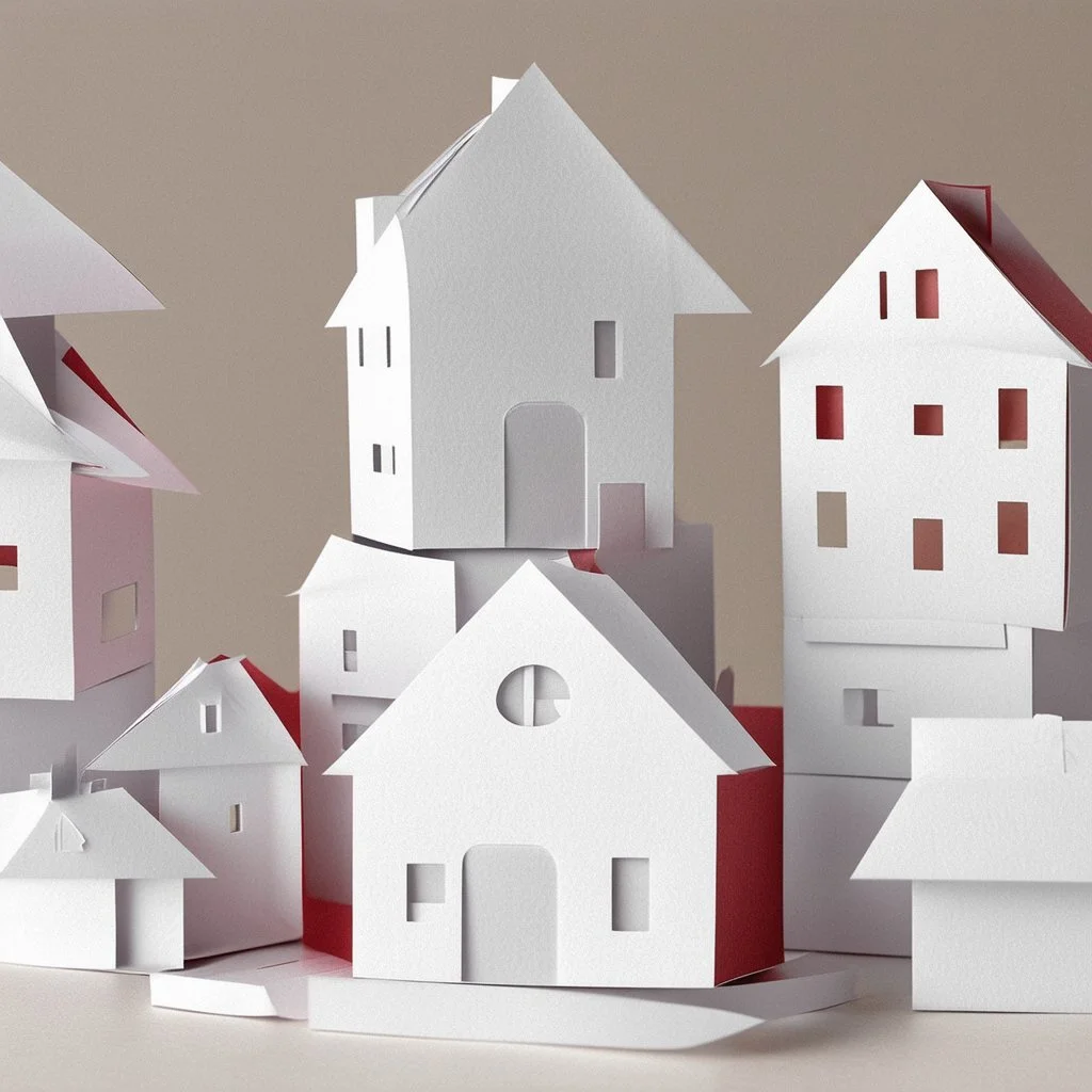 A picture of folded paper houses, the houses, clean and serene vibe. White houses but red background.