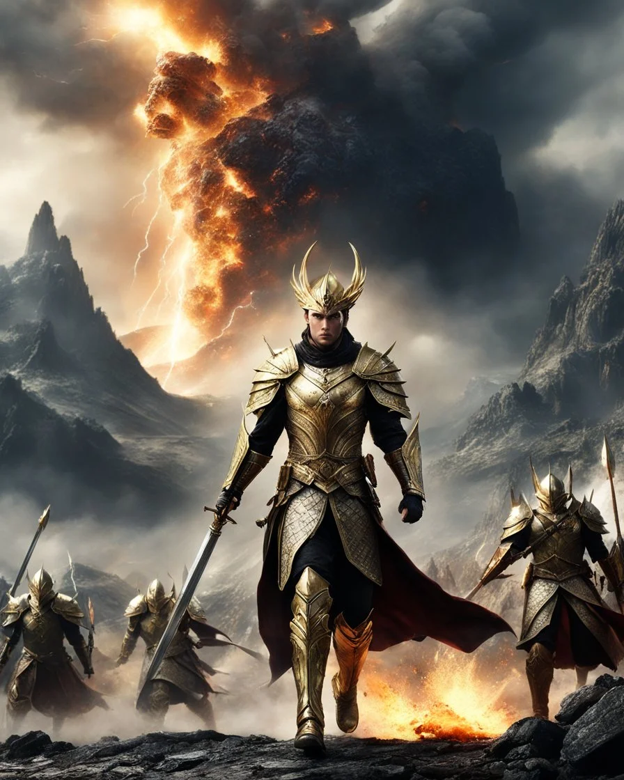 A length photography realistic details, of battlefield the Handsome King Guardian Elven,wearing dress luxurious steel armor decorative golden,running action hold sword as leader,he on bring and leading armys groups following from back side ,big mountain eruption blow fire background with epic lightning bolts in the sky and a dragon flying in the sky and some ruins in the foreground