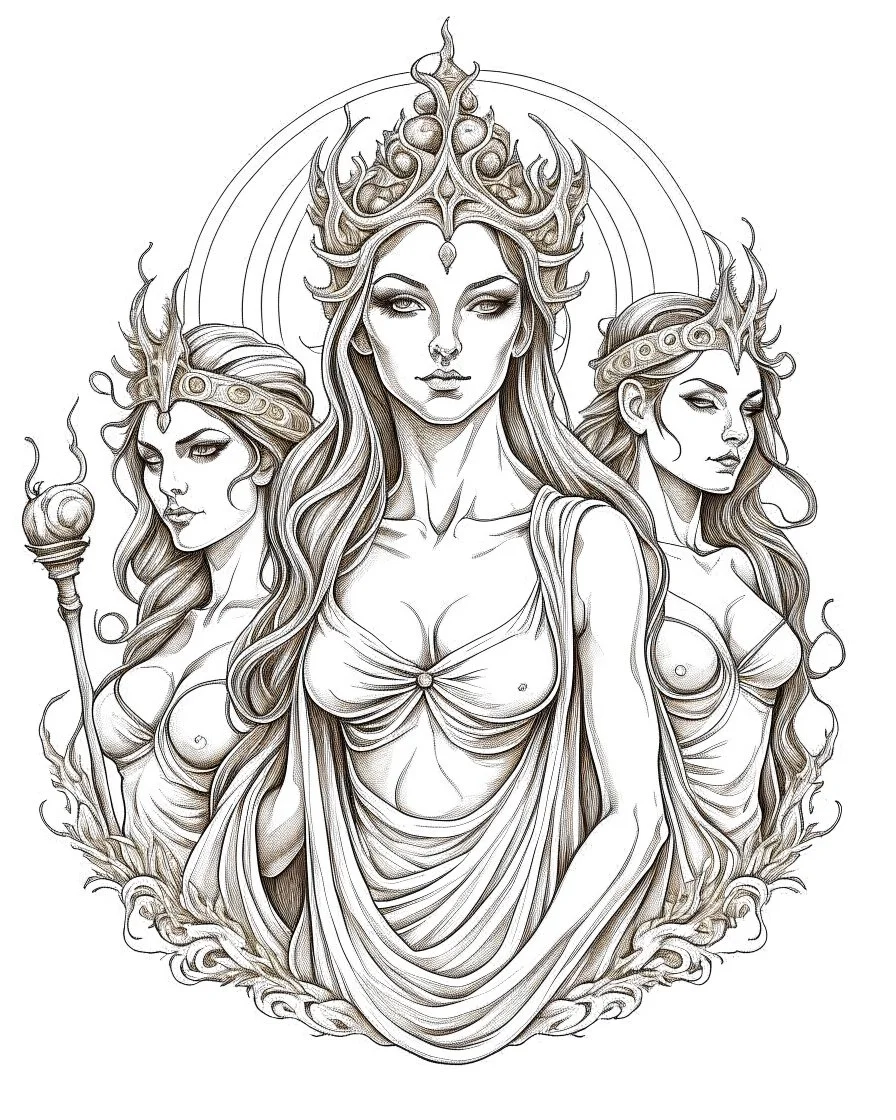 The Fates (Clotho, Lachesis, and Atropos).. realistis tatto sketch style, white background, profesional tatto sketch