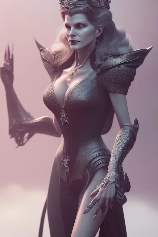 Rene Russo as evil queen in leather, cleavage, angry, stern look. character design by cory loftis, fenghua zhong, ryohei hase, ismail inceoglu and ruan jia. unreal engine 5, artistic lighting, highly detailed, photorealistic, fantasy