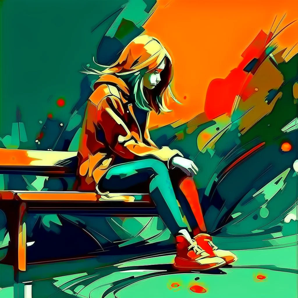 girl sitting on a bench. Abstract
