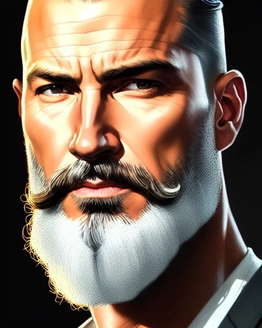 "MIddle aged white human male, with a trimmed but uneven beard, piercing eyes with slick back hair, full-scale head and shoulders portrait, 8k resolution concept art portrait by Greg Rutkowski, Artgerm, WLOP, Alphonse Mucha dynamic lighting hyperdetailed intricately detailed Splash art trending on Artstation triadic colors Unreal Engine 5 volumetric lighting Splash art fantasy"