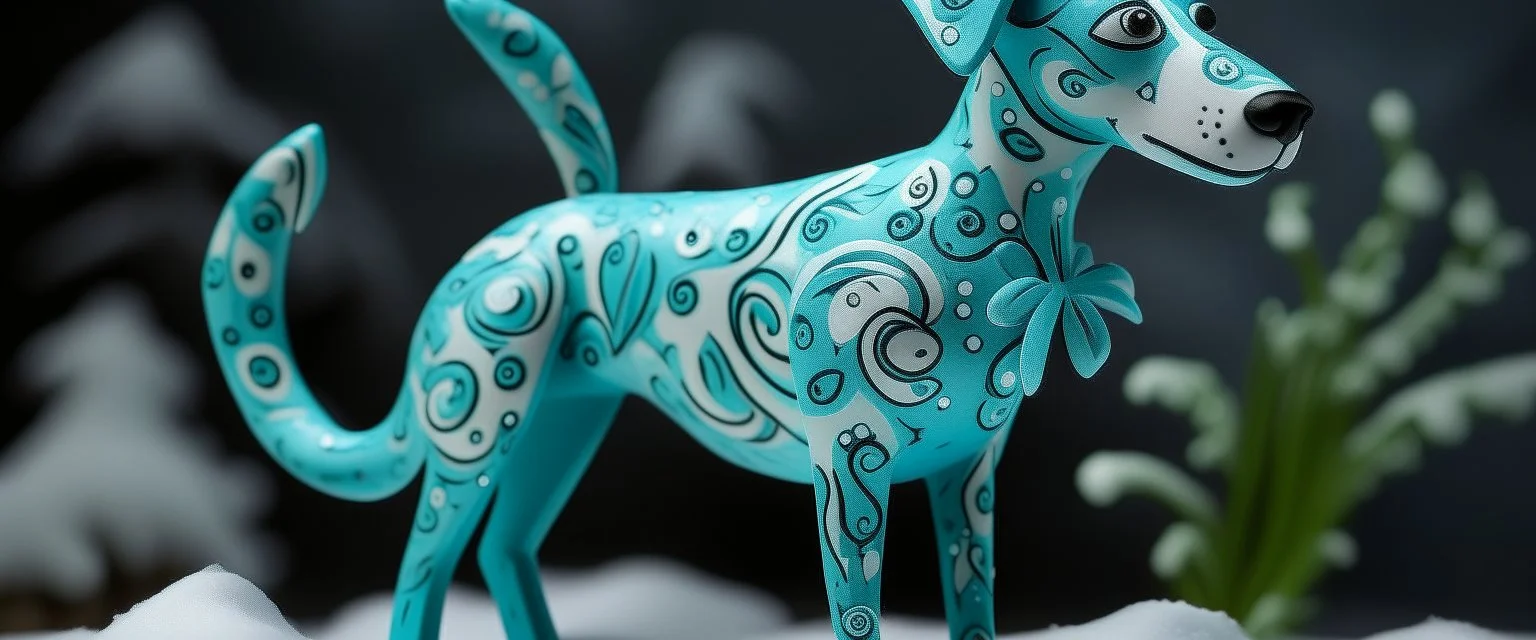 A cyan winter tundra with falling snowflakes designed in Oaxacan alebrijes painted by Salvador Dali