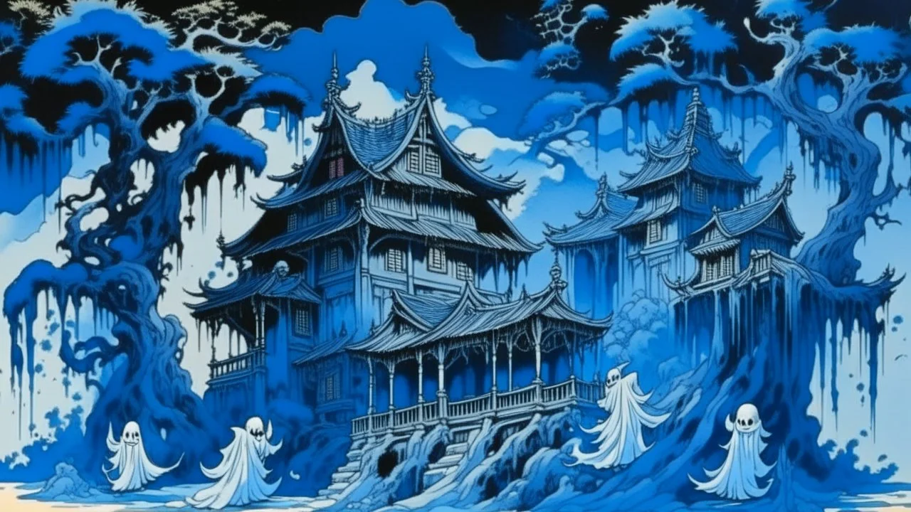 A blue haunted mansion with ghosts painted by Katsushika Hokusai