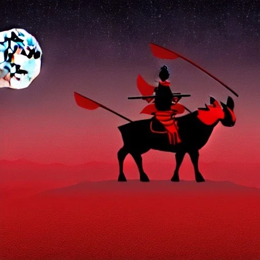 red samurai riding a red rhino, full moon background