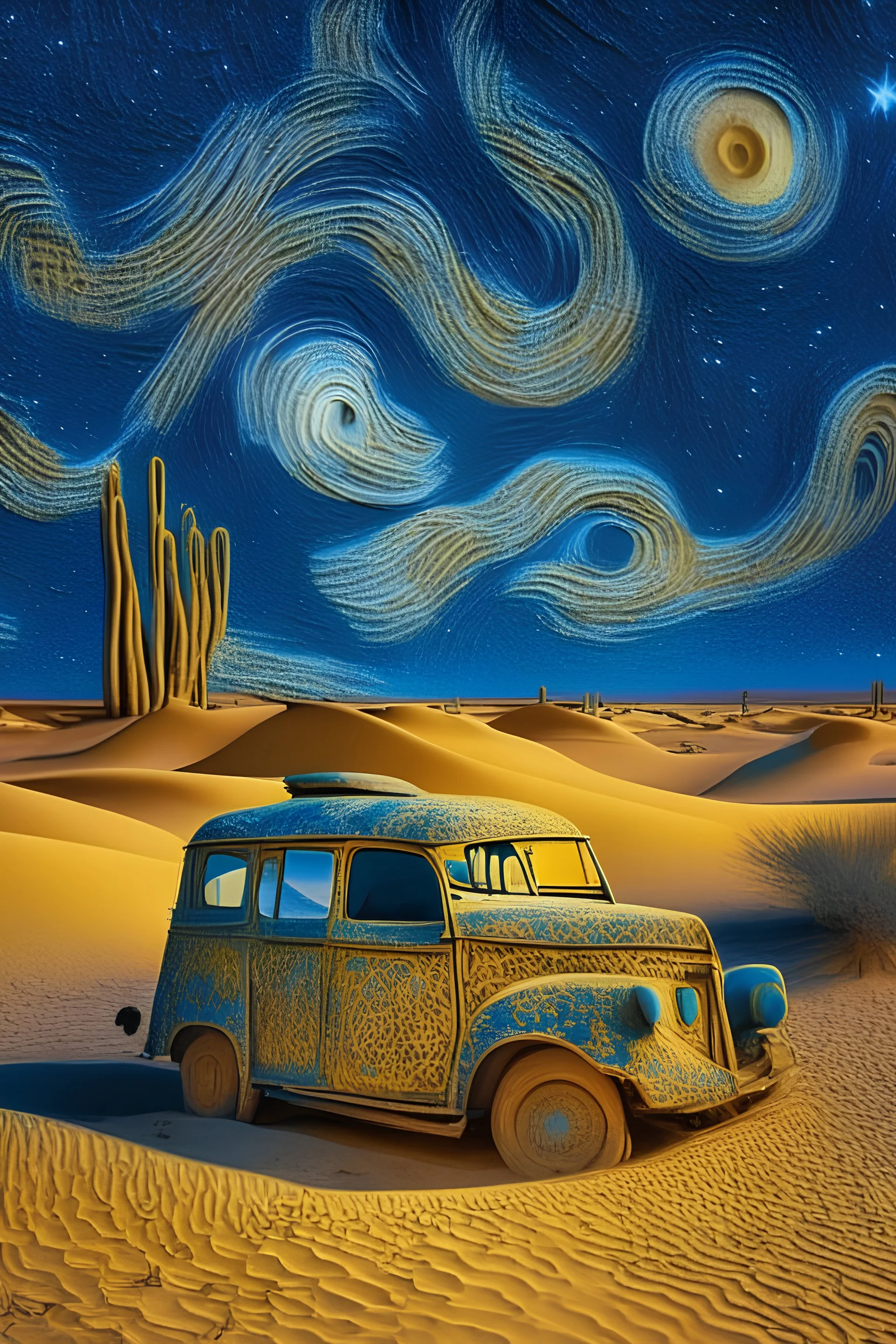 The starry night Van Gogh in the desert sand dunes in the Saudi Arabia desert old car and Arab family