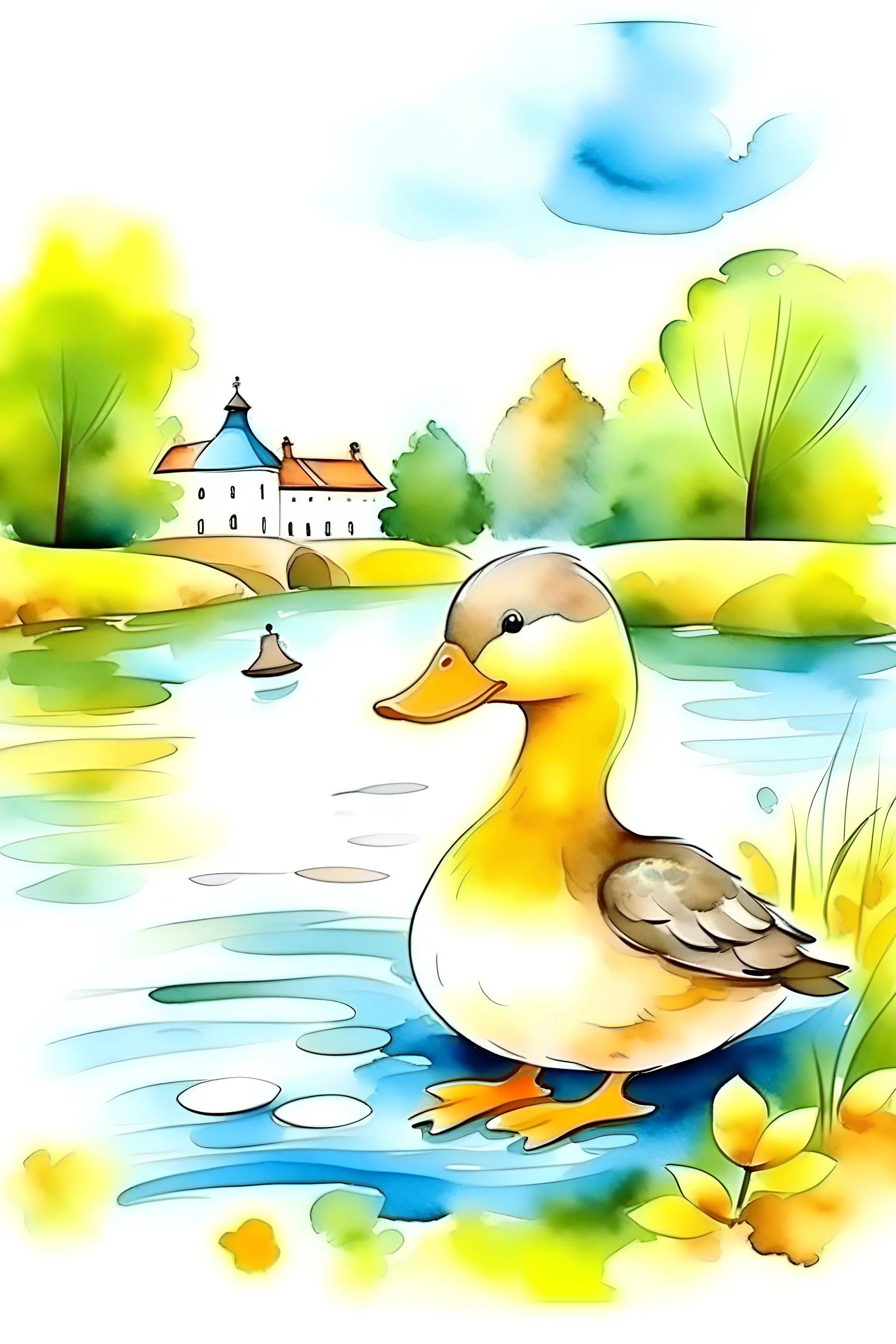 little female duck, park with lake, school, illustration, watercolor, cartoon