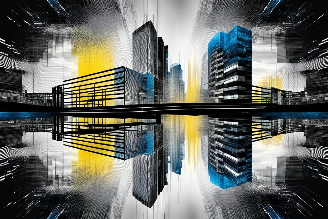 Double exposure transparent glich picture silhouette of a building, bridges, white noise, distorted, abstract patterns, glitch art with distorted shapes, optical illusion, gray-yellow and blue gradient effect, rhythmic noise particles. Grain scored texture. Black background.