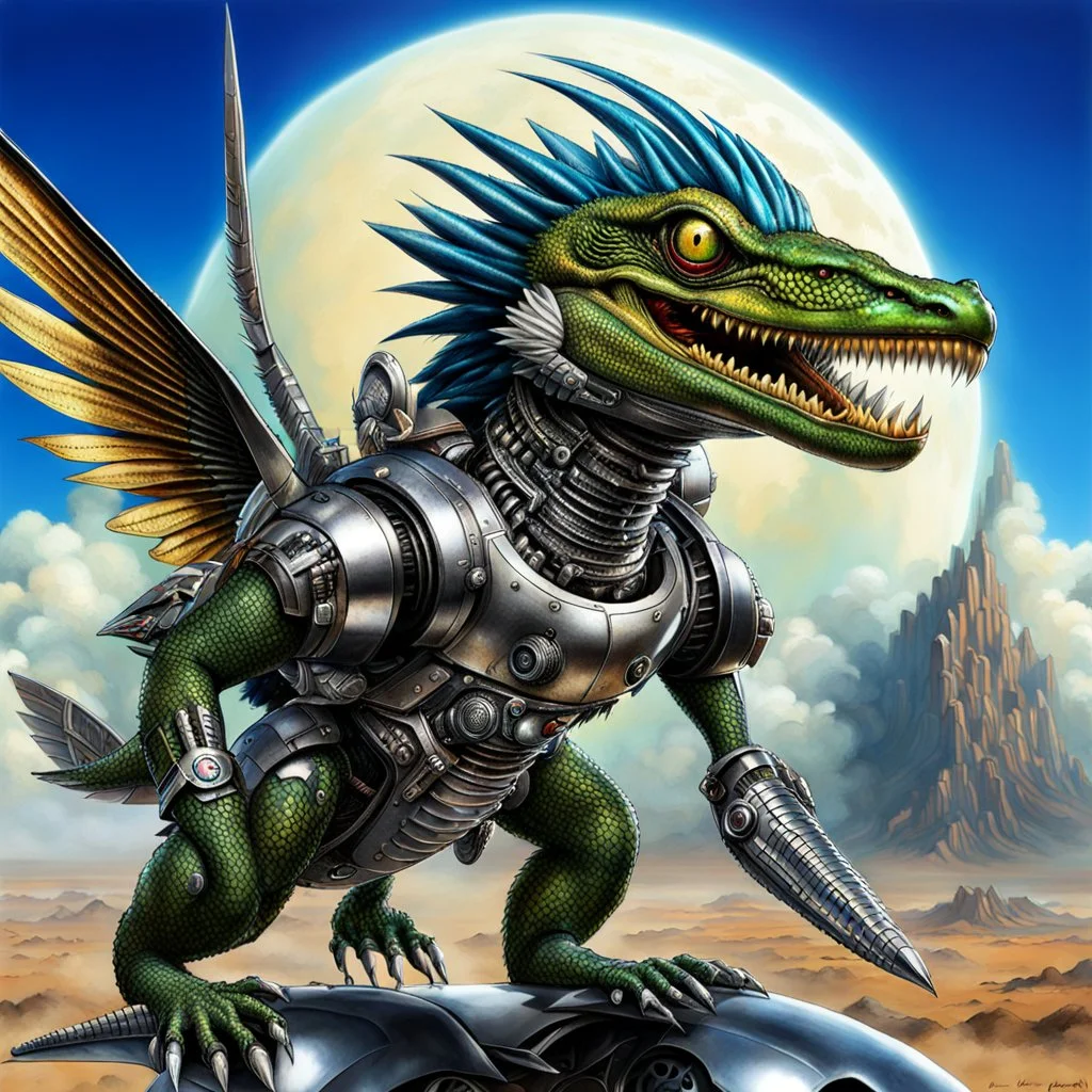 Lucky Stryker, Jet eagle lizard human combination, biomechanical surrealism, 4 limbs, 2 metallic wings, one jet engine, 2 eyes, big toothy smile