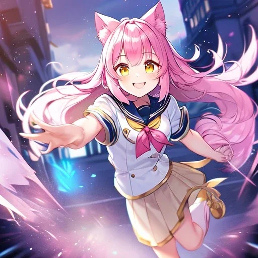 Clear focus,High resolution,High quality, Smiling, Pink long fluffy hair, Pink cat ears, Yellow eyes, Wearing a pink sailor uniform, running