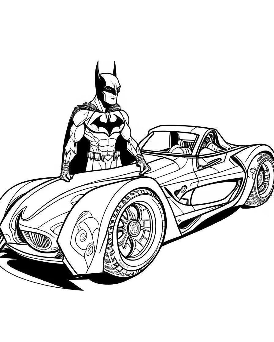 batman with his The Batmobile coloring page, no leaves, full body (((((white background))))), only use an outline., real style, line art, white color, clean line art, white background, Sketch style