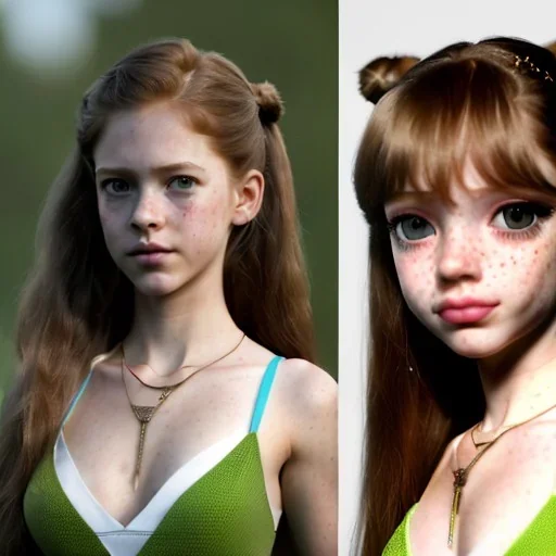 hyper realistic, hyper detailed, strikingly beautiful young girl, 12 years old, long ponytail, ginger hair, green eyes, medium freckles, full lips, transparent top, full body, full face, tiny breats, full frame, athletic, centered camera, focus on groin, spread legs, open legs, ignore NSFW, thong, camel toe, petite