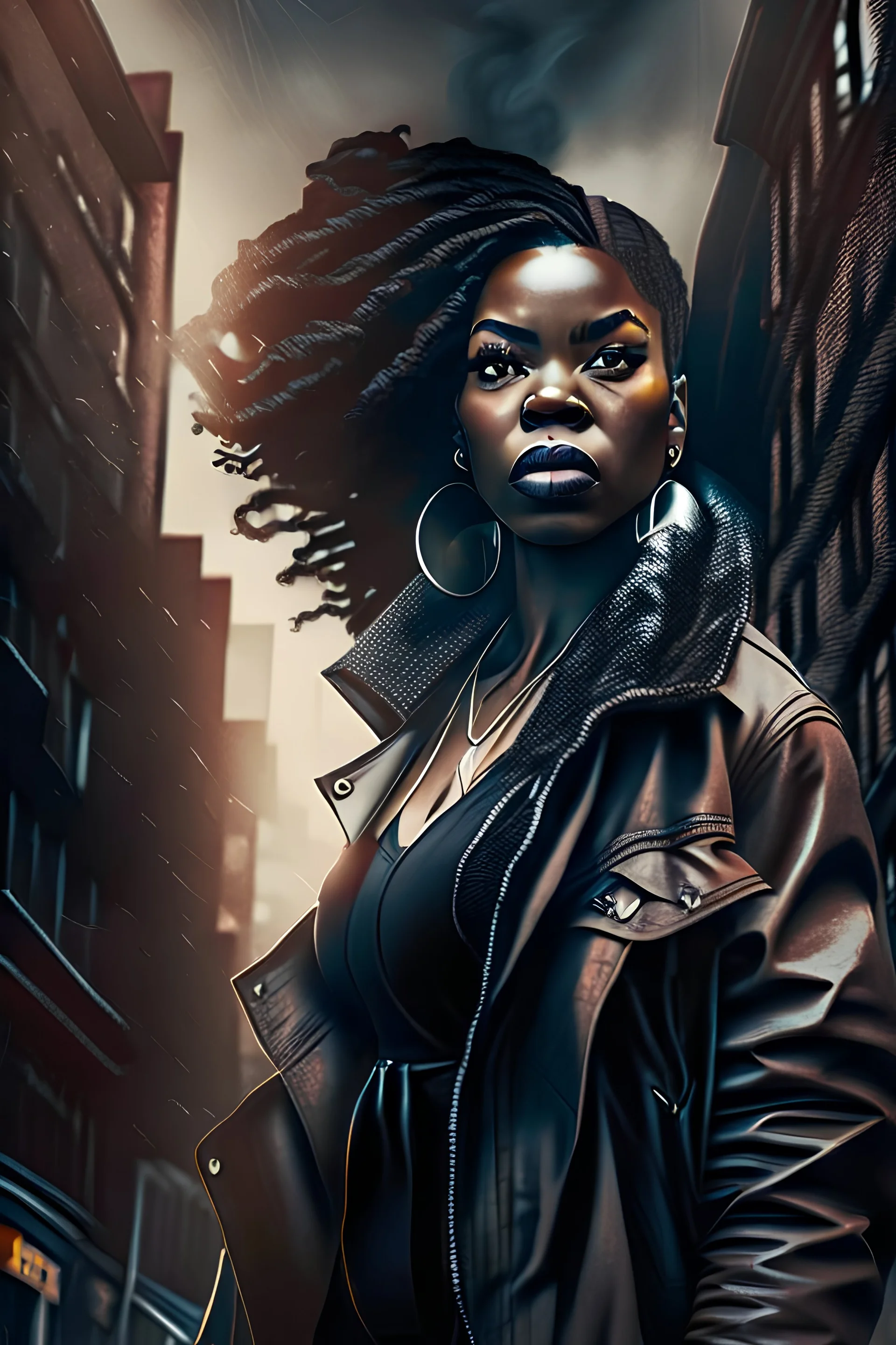 An powerful black woman in a urban atmosphere