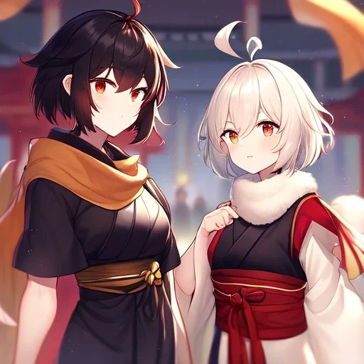 Clear Focus, High resolution, white fluffy short hair with one red streak in hair, ahoge, wearing a red black and golden scarf, short sleeve is white and a slight hint of red, top half of body is a samurai outfit, one side is white and other is black and red, sleeve 2 is black but the at the end its a wavy gold, wearing a black short skirt,