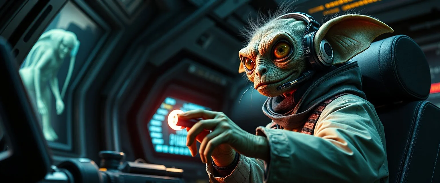 portrait of researcher slender alien rich kobold hill billy fluffy captain pilot focus controlling stick in deep action, gremlin cyber punk with two crew members, in sci fi air ship waiting hall, in future dynasty